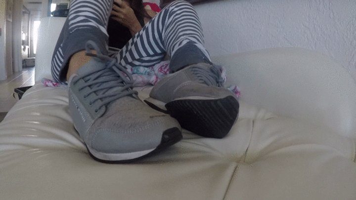 Aubreys Foot Fetish - Home from the gym, relaxing on the sofa in sweaty sneakers and no socks SWEATY FEET