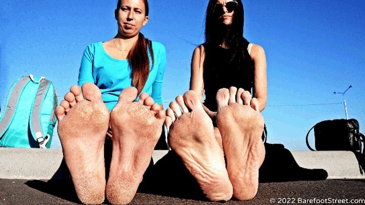 Barefoot Street - Anastasia and Kristina with huge feet barefoot on an asphalt field (Part 2 of 4) #20220420