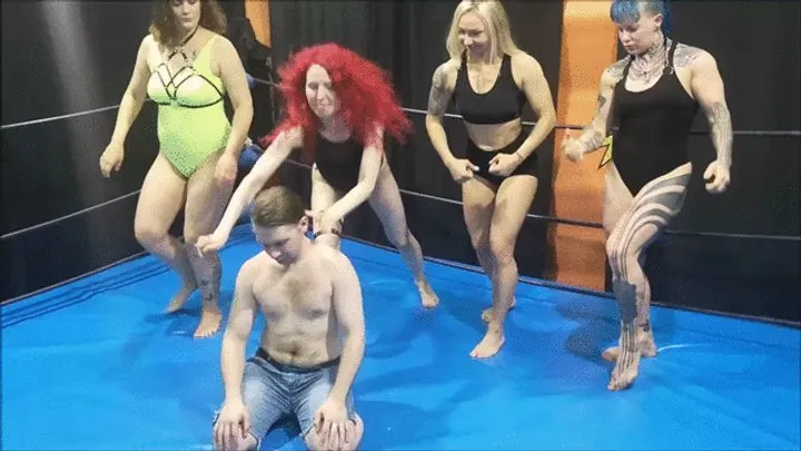 The Russian Amazons - 2 muscular girls and 2 female wrestlers tie up a guy in a match part 2 (young guy)