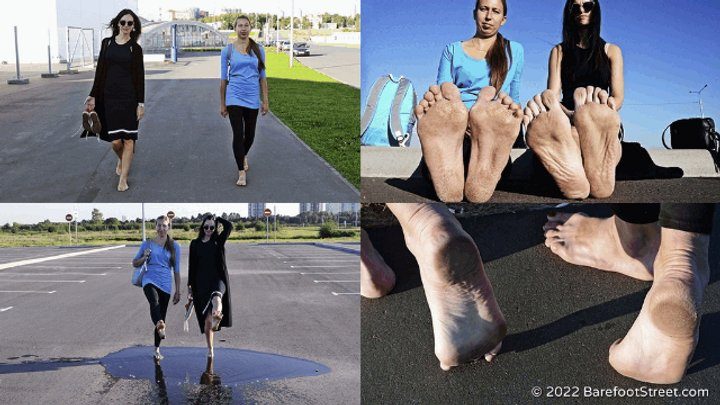 Barefoot Street - Anastasia and Kristina with huge feet barefoot on an asphalt field (Full with 27% discount) #20220420