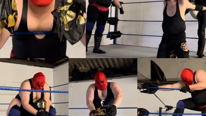 Nadia Sapphire - muscular masked wrestler dominates 2 jobbers
