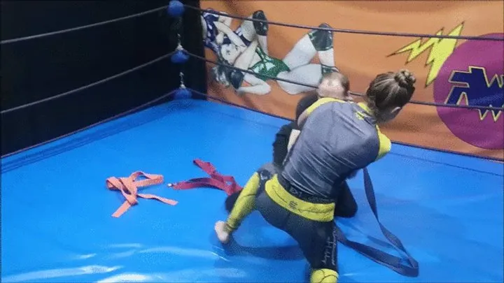 The Russian Amazons - Grappling girl ties up a skinny guy with martial art belts