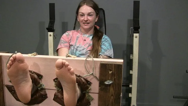Tickled Pink - Aly in the stocks! unbelievably ticklish feet!!!!