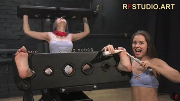 Rf Studio Production - Leya actively tickles bound barefoot Astrid in stocks (UHD 4K MP4)