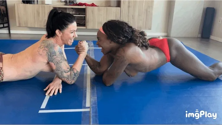 Protein Wrestling - Part 1 FIRST TIME EVER Sugar Diamond vs Ruby Blue in a SUPER Competitive Topless Arm Wrestling Match