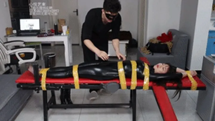 Xy Chinese Girl Bondage And Foot Fe - xy32-Chinese girl in full leather clothing is tied and tickled on a bench