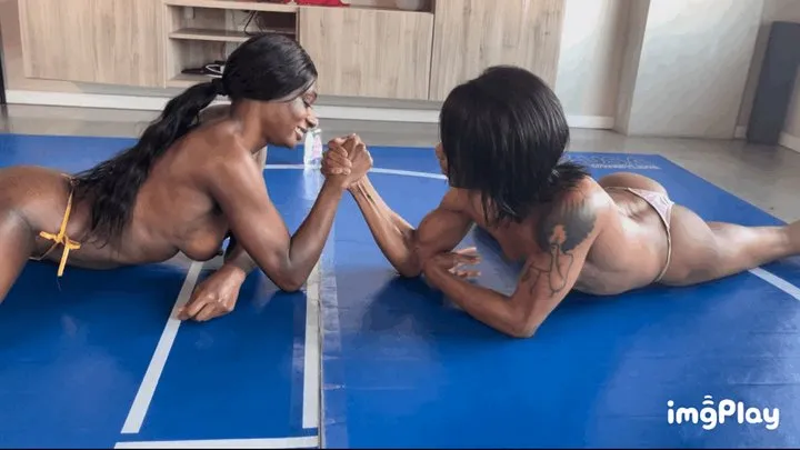 Protein Wrestling - Part 1 FIRST TIME EVER Paris Love vs Britny Mercury in an Competitive Topless Arm Wrestling Match