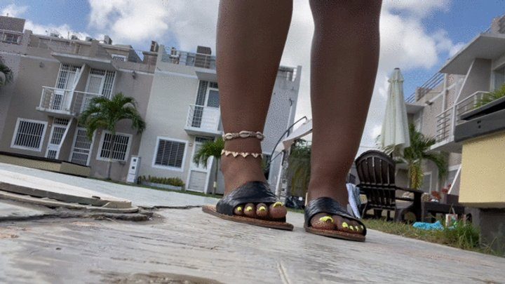 Foot Fetish Paradise - Balbina enjoying her holidays walking over the Condo in sexy Black Flat sandals