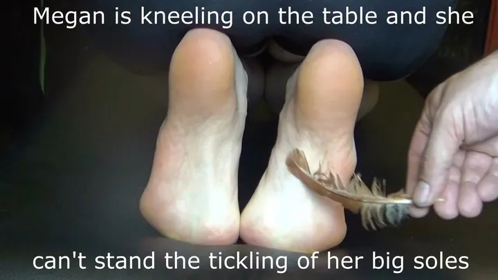 Polish Tickling - Megan is kneeling on the table and she can't stand the tickling of her big soles