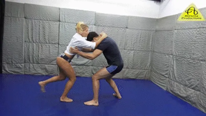 Antschas Wrestling And Fetish Store - Antscha in denim short vs Hunt mixed wrestling
