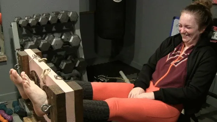 Tickled Pink - Ok Aly in the stocks, off come the nylons! Insane ticklish feet omg! LOW