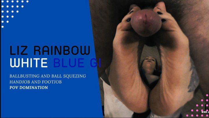 Martial Fetish - Liz Rainbow white and blue gi ballbusting and ball squeezing handjob and footjob domination