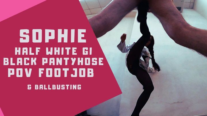 Martial Fetish - Half white gi and black pantyhose POV kicks footjob and ballbusting