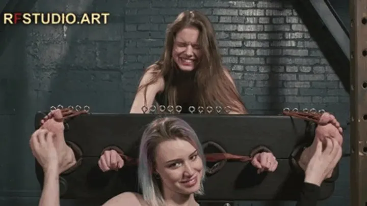 Rf Studio Production - Astrid the Tickler and Leya the Ticklee Part 2 - Barefoot Tickling in Single Stocks (HD 720p MP4)