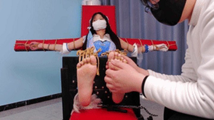 Chinese Bondage Foot Fetish - xy219-Barefoot girl cosplaying the King of Glory Xishi is tied to the tiger bench and tickled her feet