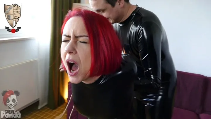 Strongpanda - StrongPanda ejoys tight barfoot hogtie in shiny catsuits