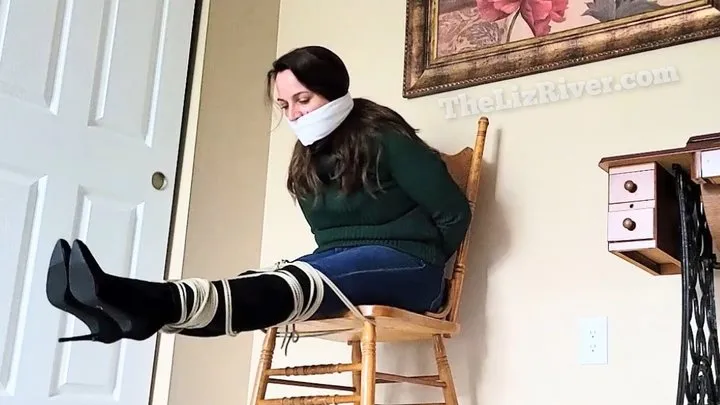 Naughty By Nature By Liz River - Bound to Truth: A Reporter's Story by Liz River, Brunette with Sweater, Jeans and Boots Self Ties Bondage, gets stuck