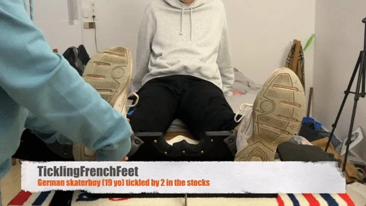 Tickling French Feet - 19 yo German skaterboy tickled by 2 in stocks (Full HD)