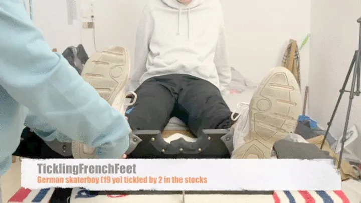 Tickling French Feet - 19 yo German skaterboy tickled by 2 in stocks (mobile)