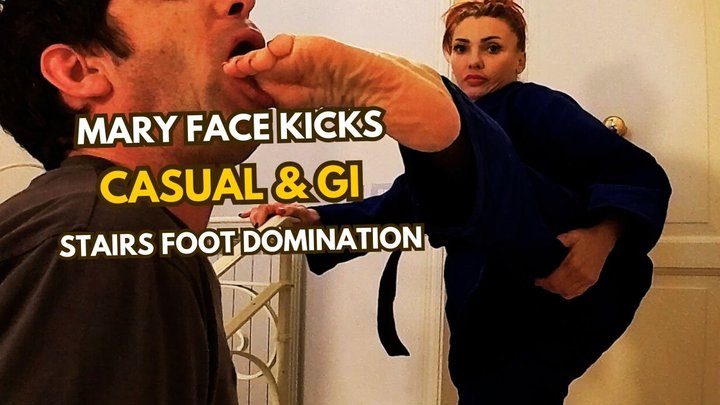 Martial Fetish - Mary face kicks casual and gi stairs foot domination worship and ballbusting