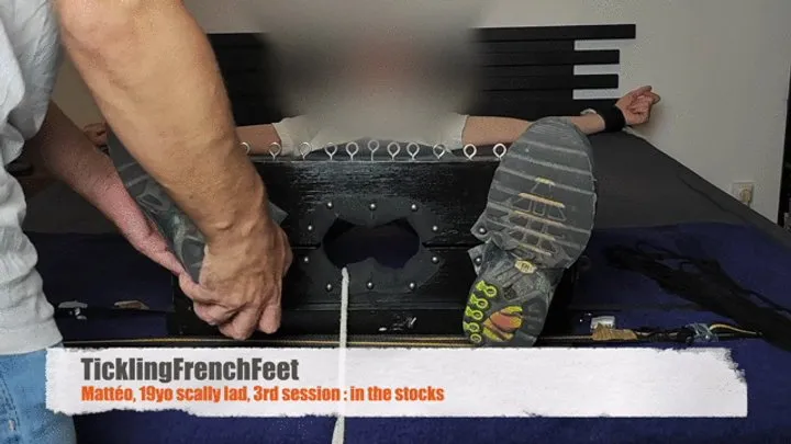 Tickling French Feet - Mattéo, 19yo scally lad, 3rd tickle session in the stocks (Full HD)