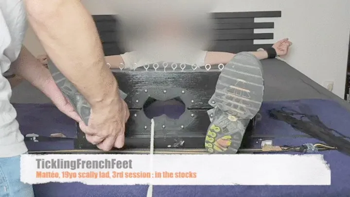 Tickling French Feet - Mattéo, 19yo scally lad, 3rd tickle session in the stocks (mobile)