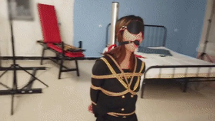 Chinese Bondage Foot Fetish - xy260-A Chinese girl wearing black JK and black stockings is tied up with ropes and plays with her feet on the iron frame
