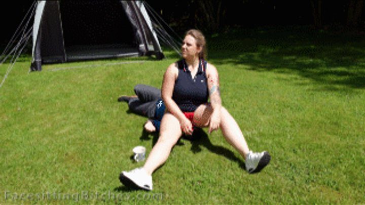 Lethal Bitches - Facesat outdoors at the campsite by Rabbit in red satin panties FB1730