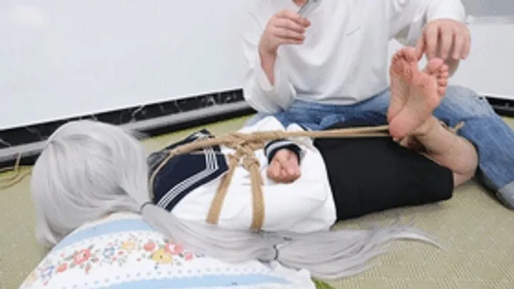 Chinese Bondage Foot Fetish - xy282-white haired cute girl is tied up with ropes and tears her white stockings to reveal her tender feet