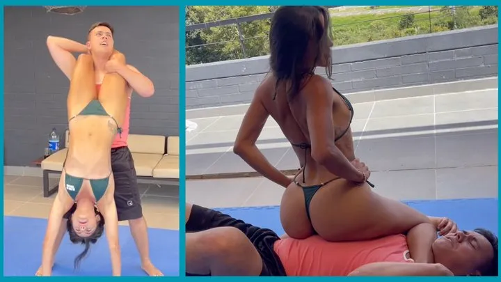 Kink Sports - Athletic Tatiana in green bikini uses her rock hard thighs to overpower man twice her size