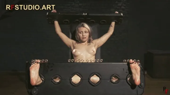 Rf Studio Production - Bramble Topless in Stocks - Long and Intense Oily Tickling by Two Ticklers (FULL HD MP4)