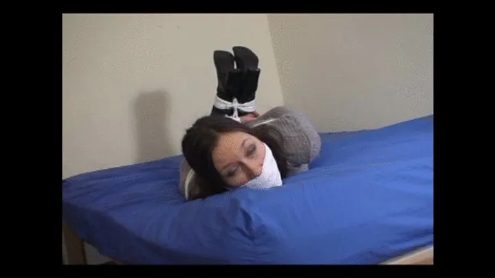 Good Girls In Bondage - Reinforced industrial strength mouth packed gag and tight hogtie for 24 year old wearing leather boots