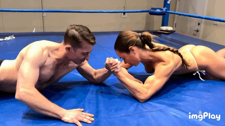 Protein Wrestling - Part 1 FIRST TIME EVER Anastasia vs Newcomer Patrick Starr in a Topless Competitive Mixed Arm Wrestling Match 3 rounds