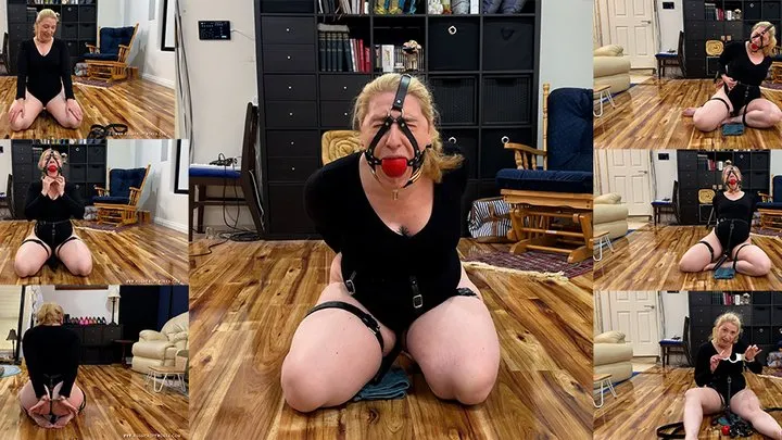 Aussie Bondage Girl - Trapped in Self Bondage, with handcuffs, locking harness gag and a wand to keep me distracted