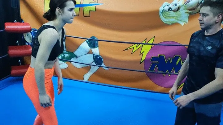The Wrestling Amazons - 19 y o skilled fem wrestler in spandex leggings vs guy