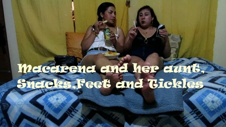 South American Girls Lovers Tickle - Macarena and her aunt eating snacks drinking soda and tickles