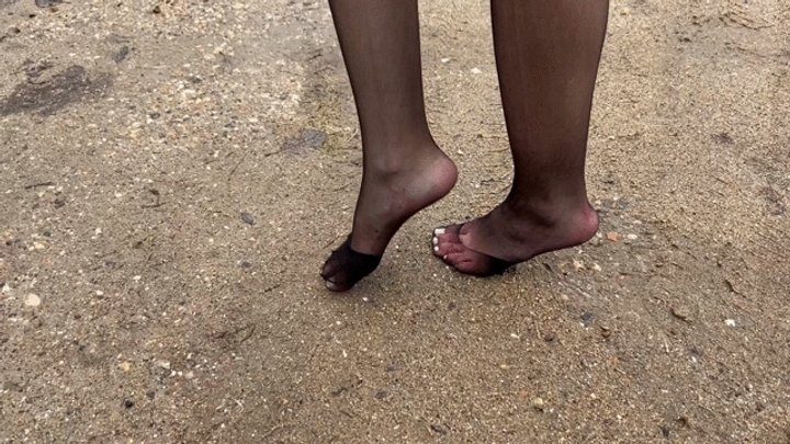 Housebeautyheels - Girl in nylon stockings walk on muddy slippery road, she crushing her stockings, make them dirty, ripped and untidy