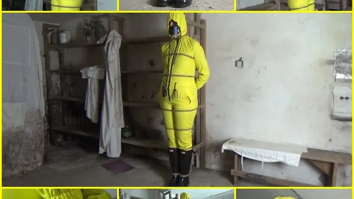 Bondageangel - Captive woman in a yellow rain overalls tied up in a cellar