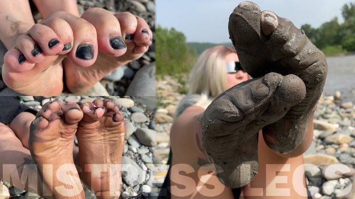 Mistress Legs - Goddess shows you her messy nylon feet close ups in torn pantyhose on the river bank (MP4 4K)
