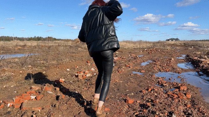 Housebeautyheels - the girl was trying to get out of the sticky, slippery, cold mud, she was wearing slippers, but the slippers were so stuck in the deep mud that she had to leave them there and get out barefoot