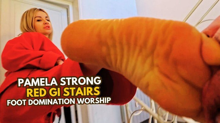 Martial Fetish - Pamela Strong red gi stairs foot domination and worship