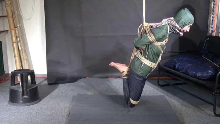 Shinynylonartsbound - Myxxxy bound, gagged and vibed in shiny nylon Rainwear and finally suspended
