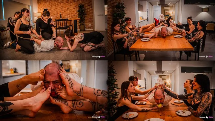 Bondage Kitties - Four Elegant Women Enjoy Dinner with a Man Tied to the Table - Spanish (sub:English), MP4, FULLHD 1080