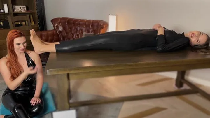 Polish Mistress Clips - Stella Lies On Her Back In Black Suit And Weronika Tickle And Lick Her Feet In Tan Pantyhose - Tickling Part