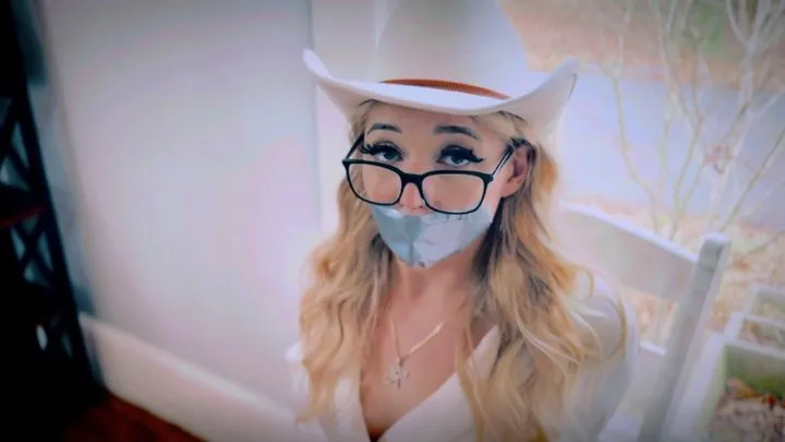 Peachy Keen Pleasures - Cowgirl Phoenix Gets Lassoed With Duct Tape (1080p) - Phoenix Sinz - cowgirl hat, barefoot, dress, glasses, chair tied, tape bondage, tape gag