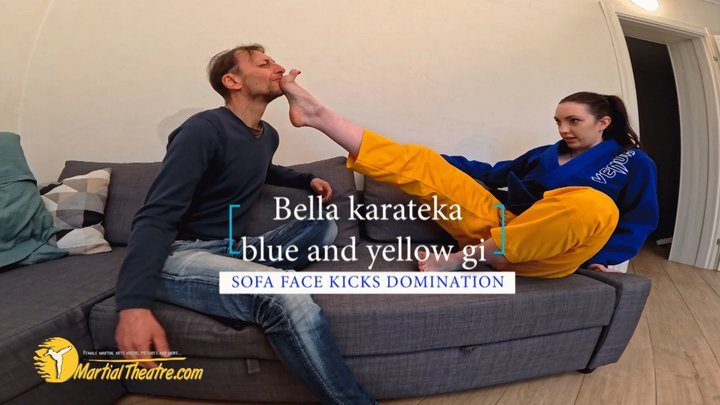 Martial Fetish - Bella karateka blue and yellow gi sofa face kicks domination