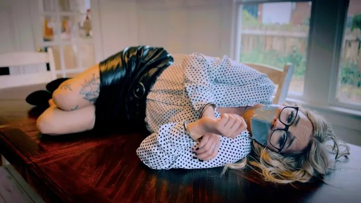 Peachy Keen Pleasures - She Knows You Fantasize About Her Tape Gagged (4K) - Phoenix Sinz - seductive, blouse, leather skirt, black boots, glasses, handcuffs, tape gag