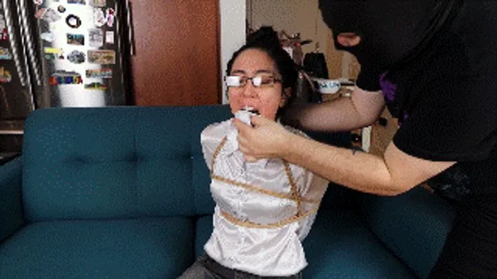 Hollyrope Omega - Khrystal in shiny white blouse gagged with stuffed mouth and tape gagged with clear tape and then with wraparound, her toes tightly tied with zip ties