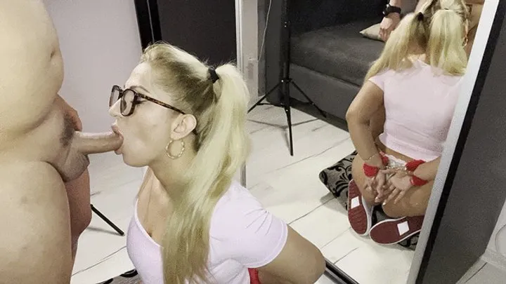 Hotwifetrixy - Handcuffed cute blonde with ponytail pov blowjob