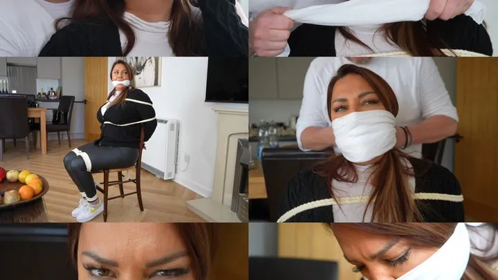 Muffled Screams - Rara curves grabbed, chair tied and multi handkerchief gagged wearing her wool cardigan (wmv)
